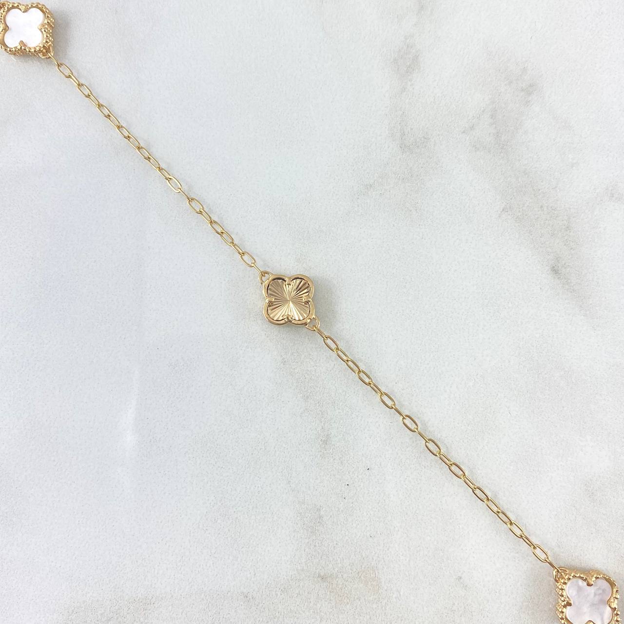 Classic Link Chain Trébol VCyA 7.4gr / 45cm / 10mm White Pearl Dotted - Diamond Cut Smooth Yellow Gold
