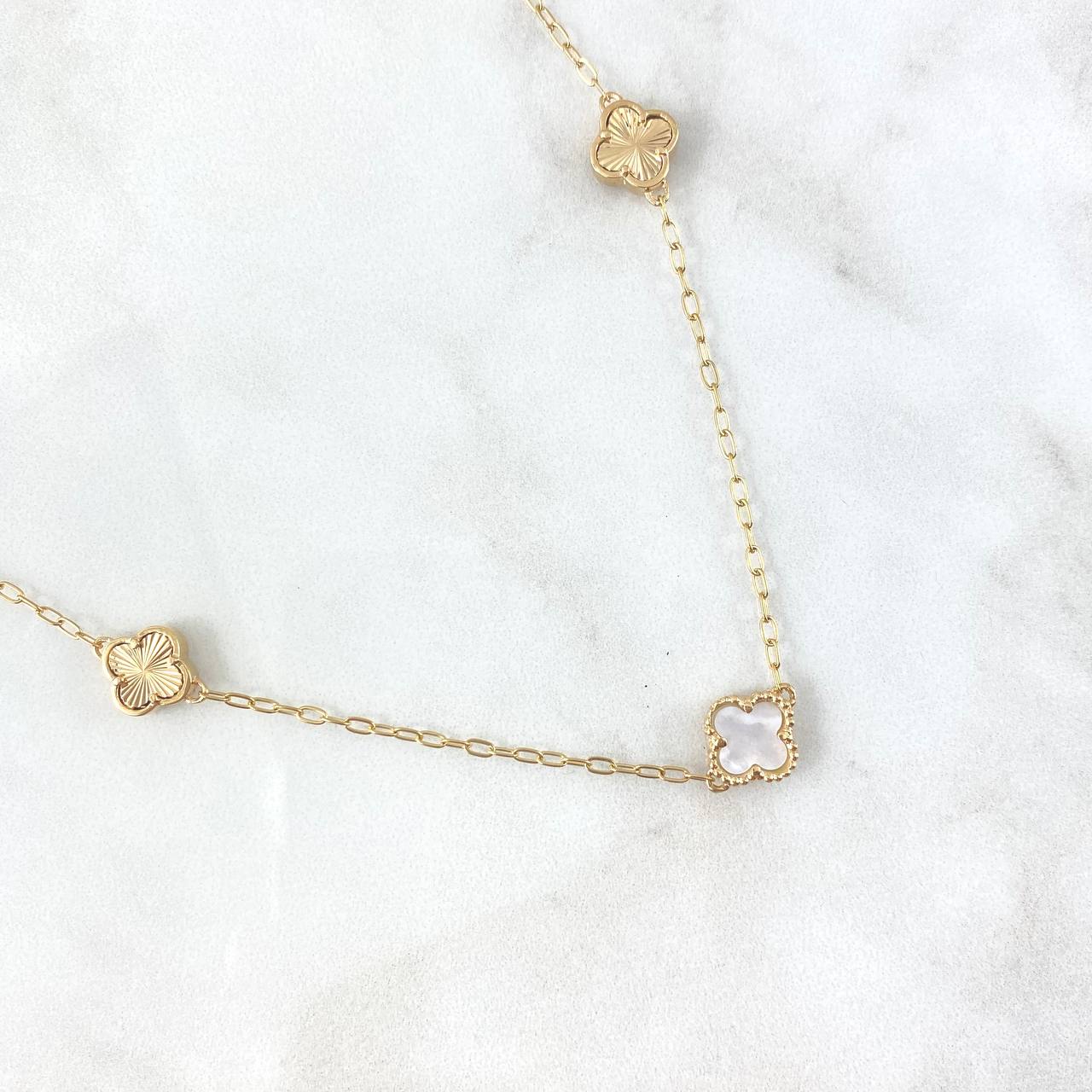 Classic Link Chain Trébol VCyA 7.4gr / 45cm / 10mm White Pearl Dotted - Diamond Cut Smooth Yellow Gold