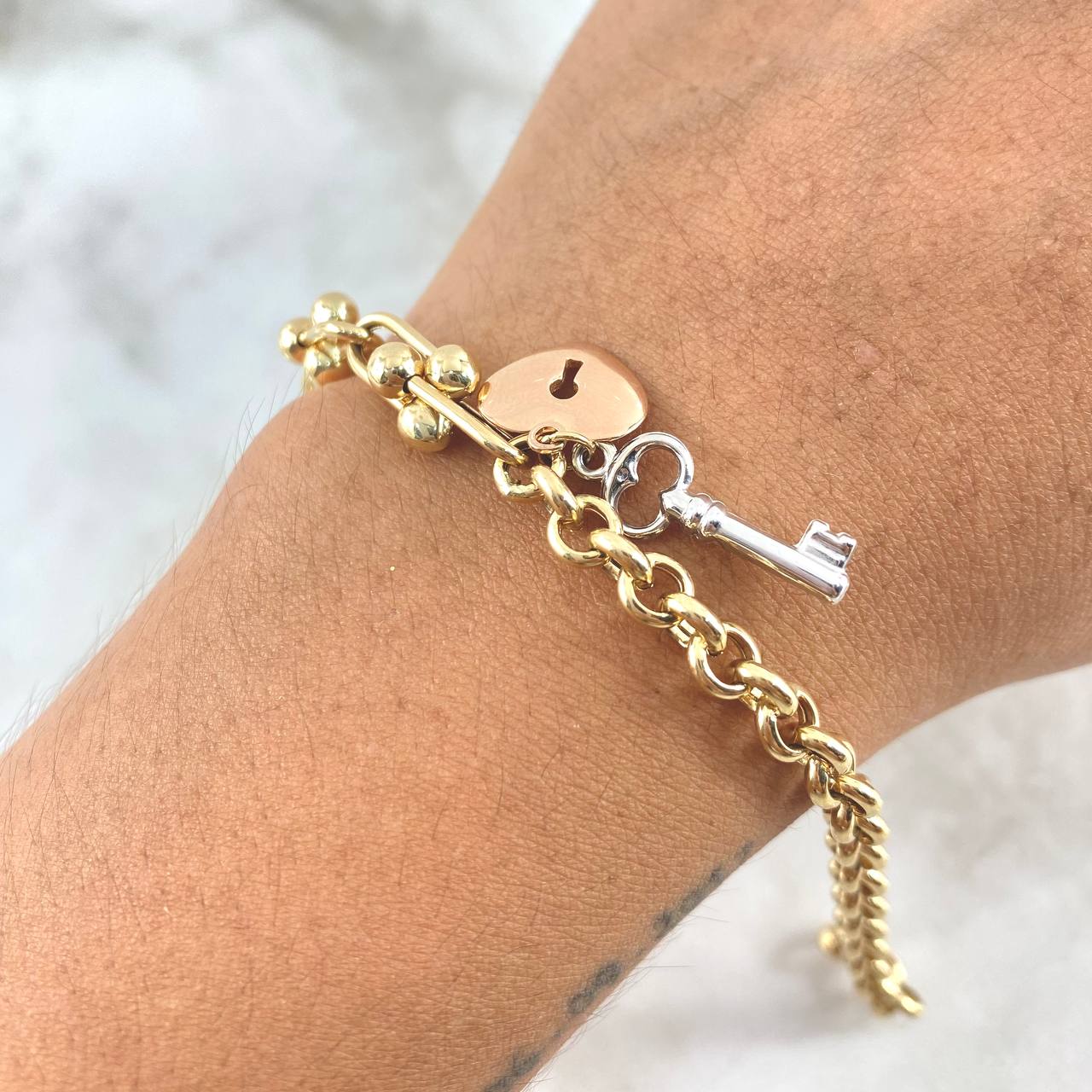 Bracelet Roll-On Buoy 10.65gr / 19cm / Heart Key Three Golds +4 *