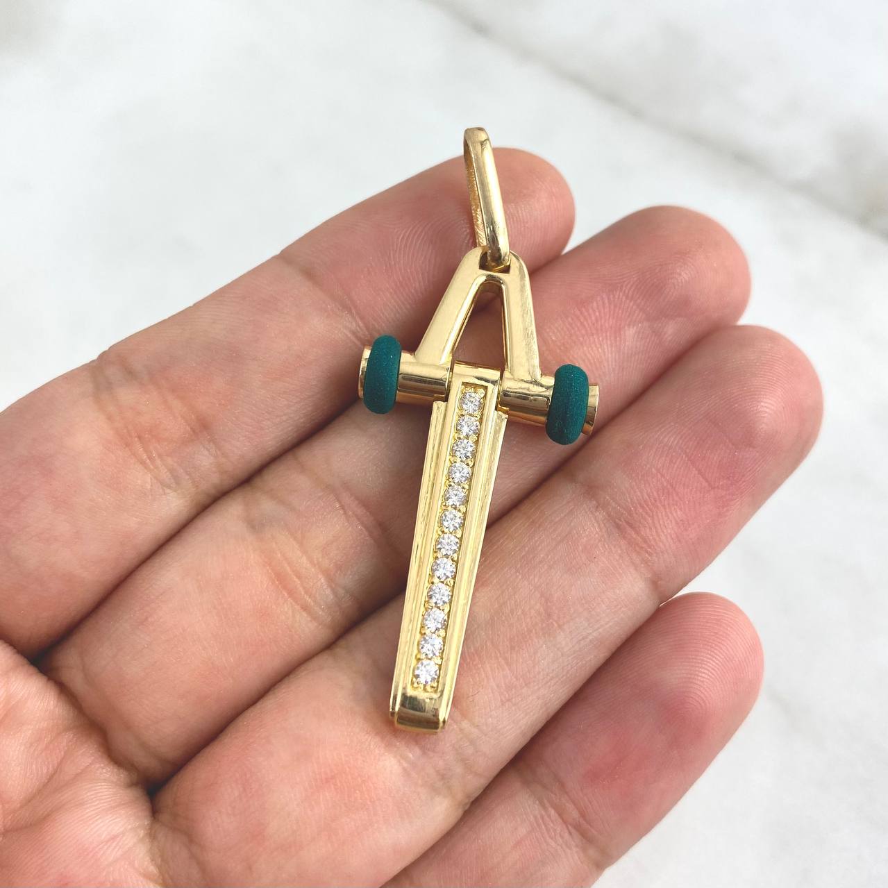 Pendant Articulated Cross 10.65gr / 4.9cm / White Zircons - Yellow Gold Green Neoprene
