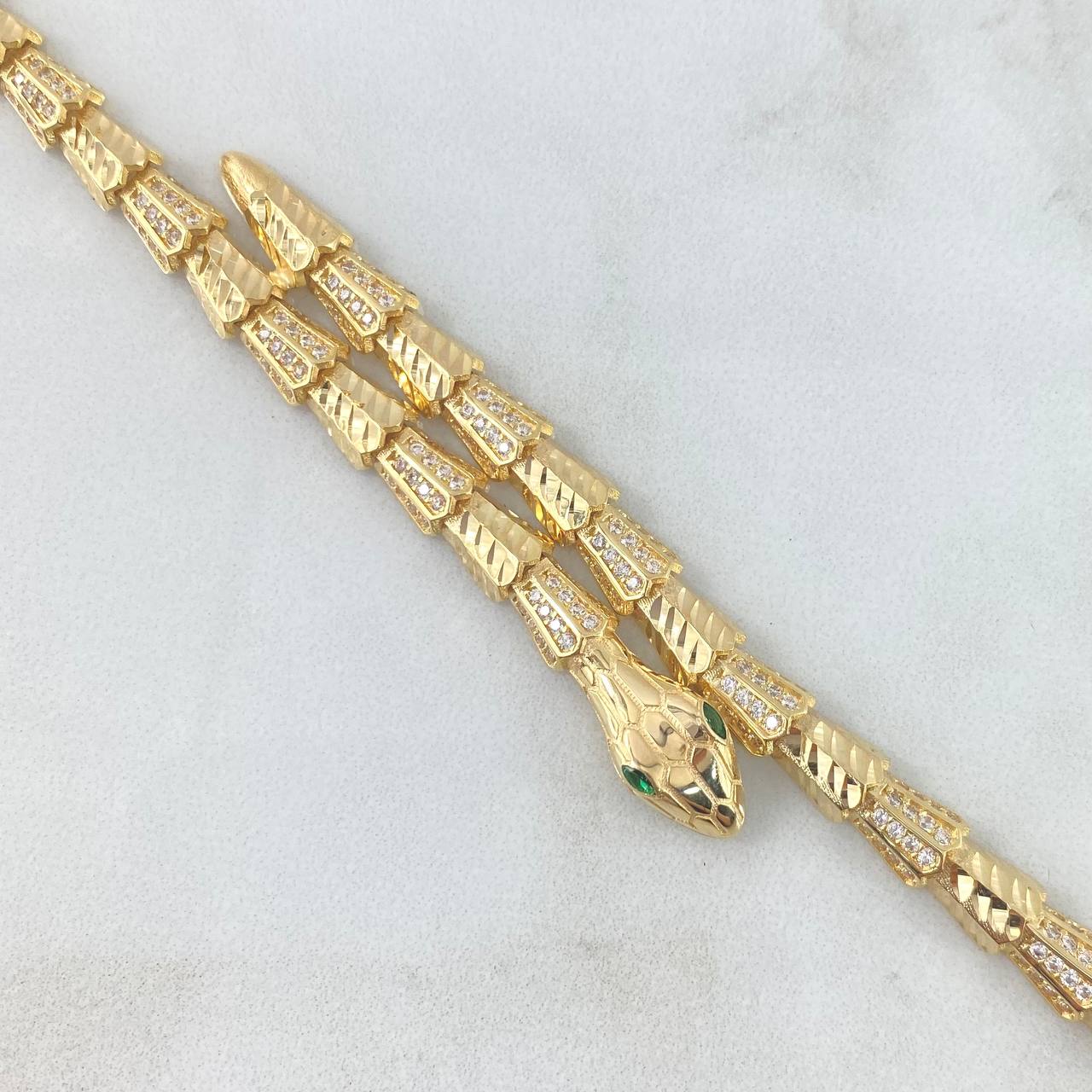 Flat Snake Bracelet Scaled 14.45gr / 18.5cm / White Zircons Green Eyes Yellow Gold +4 ©