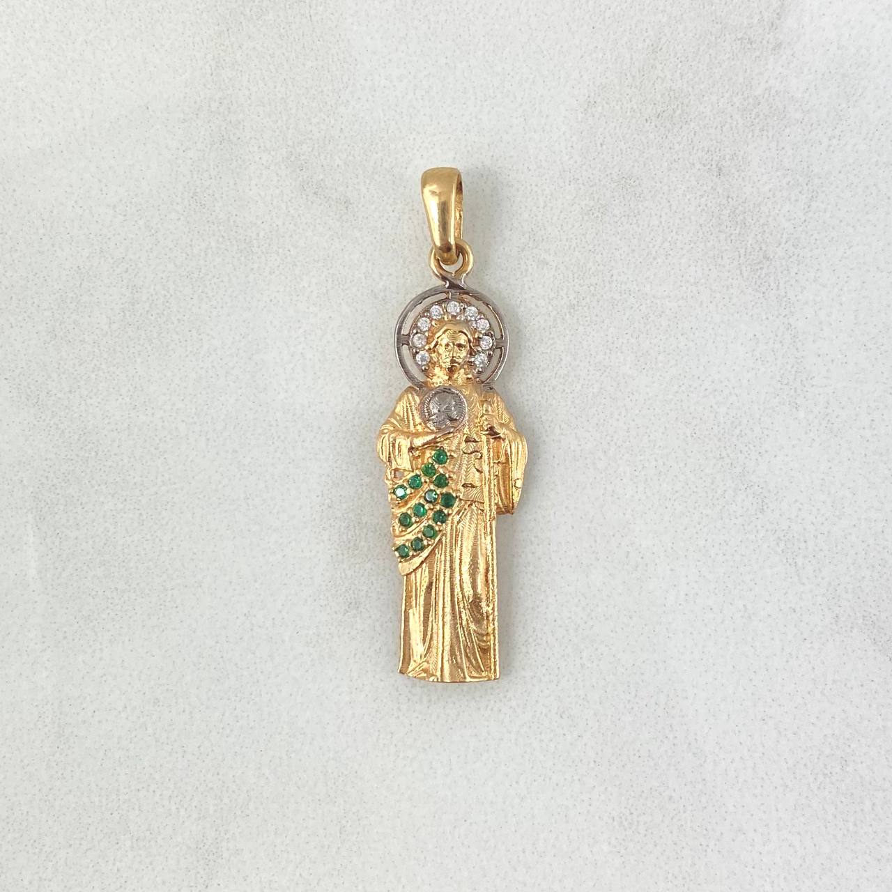 Pendant San Judas Tadeo 3.4gr / 3.6cm / Matte - Green Zircons - White Two-tone Yellow White *