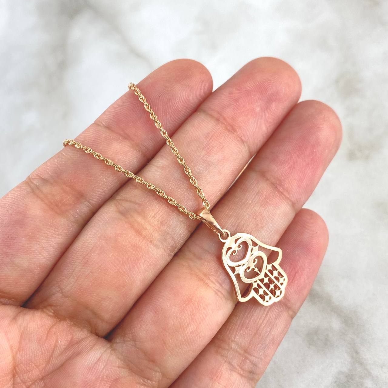 Cadena Lazo 0.85gr / 45cm / 1.2mm + Dije Mano Hamsa - Filigrana 1.15gr / 2.4cm Oro Rosa (Oferta)