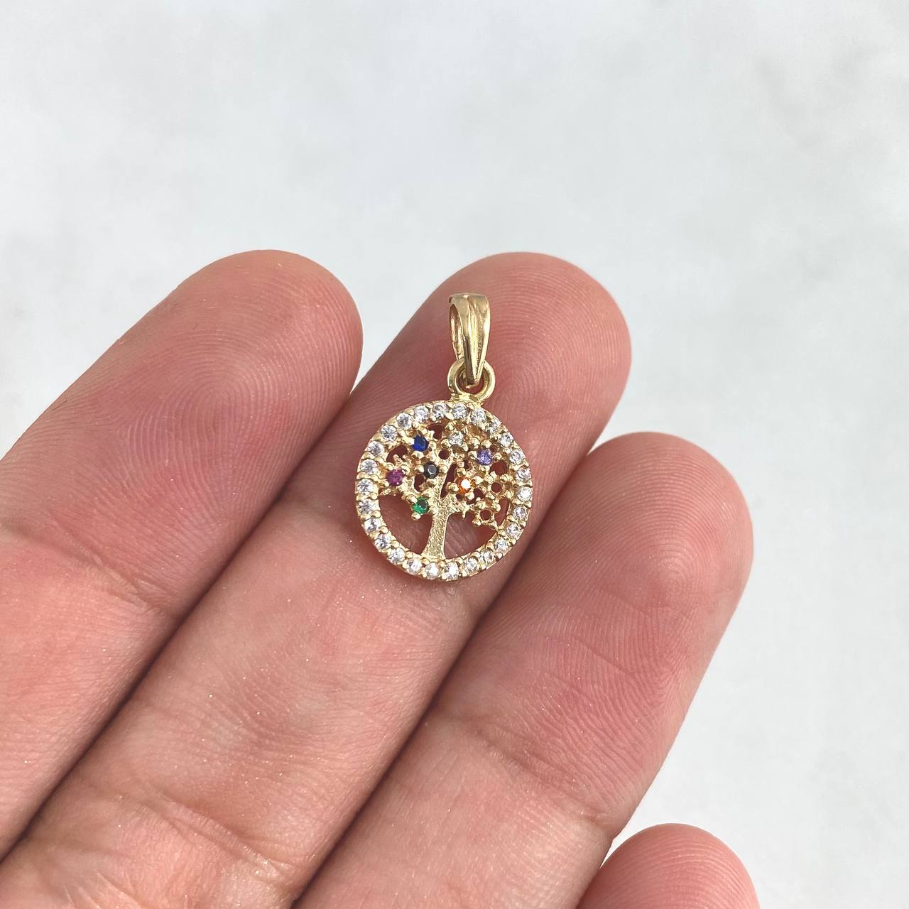 Pendant Tree of Life 1.2gr / 1.8cm / Medal - Colored Zircons Yellow Gold