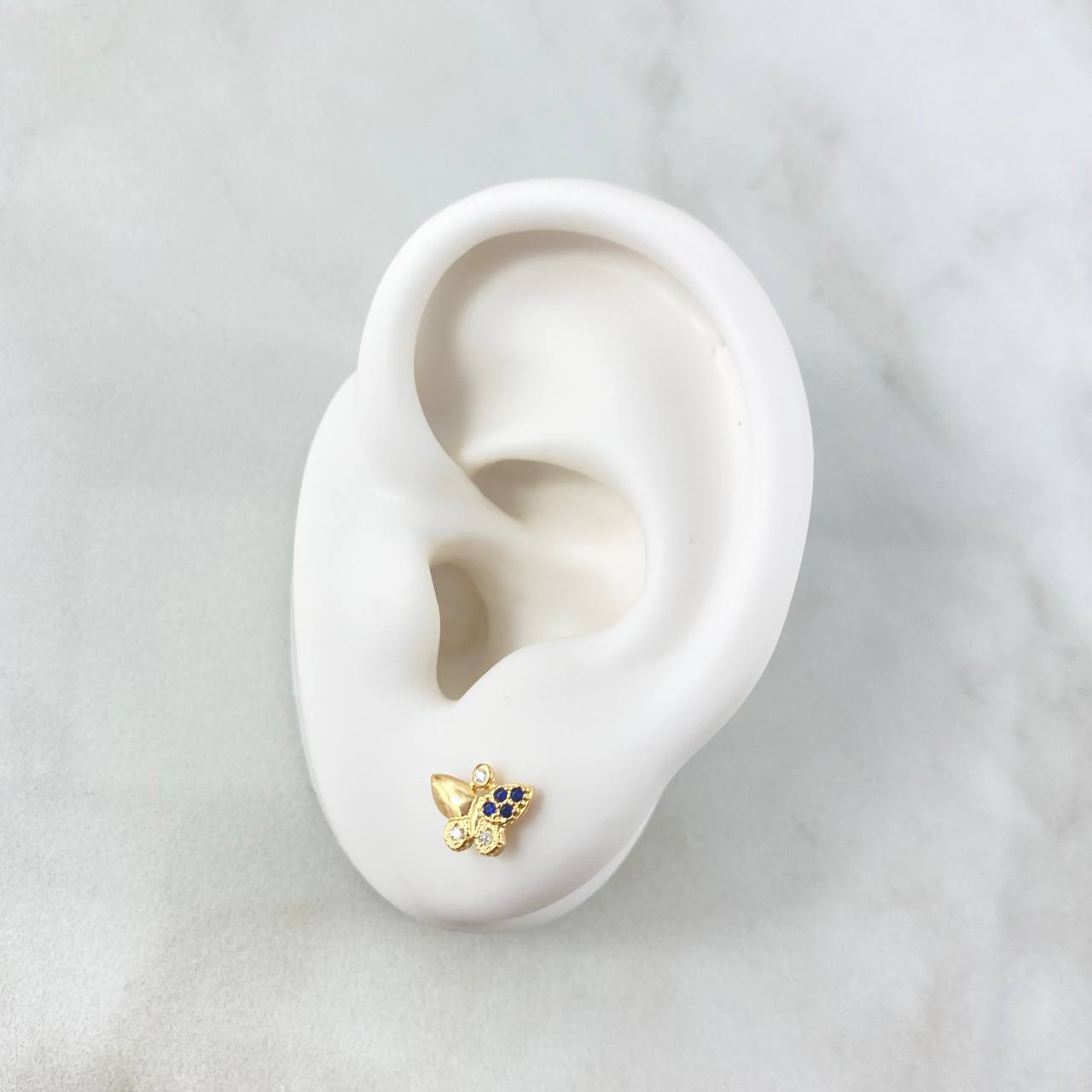 Stud Earrings Partial Butterfly 1.1gr / 6.5mm White and Blue Zircons Yellow Gold ©
