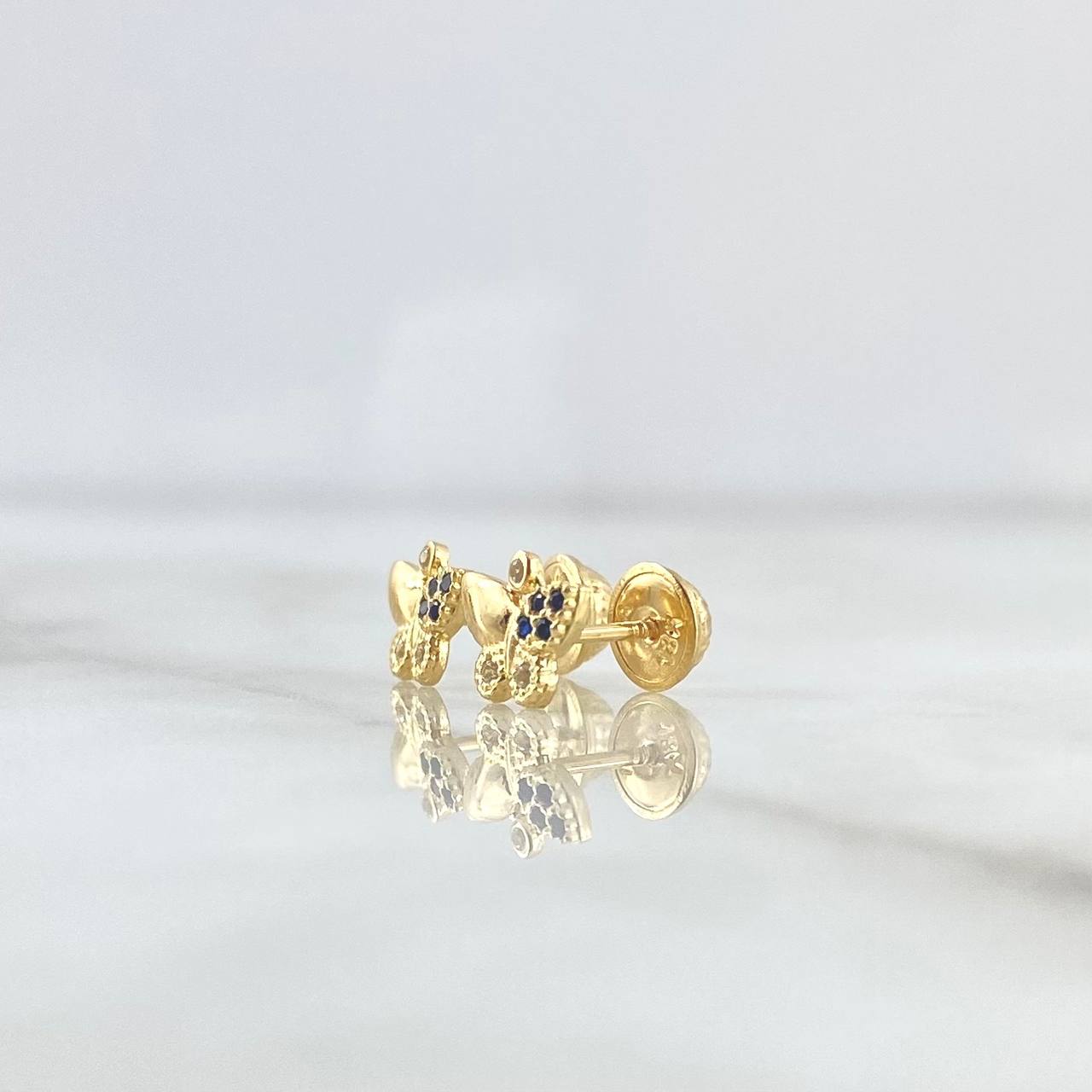 Stud Earrings Partial Butterfly 1.1gr / 6.5mm White and Blue Zircons Yellow Gold ©