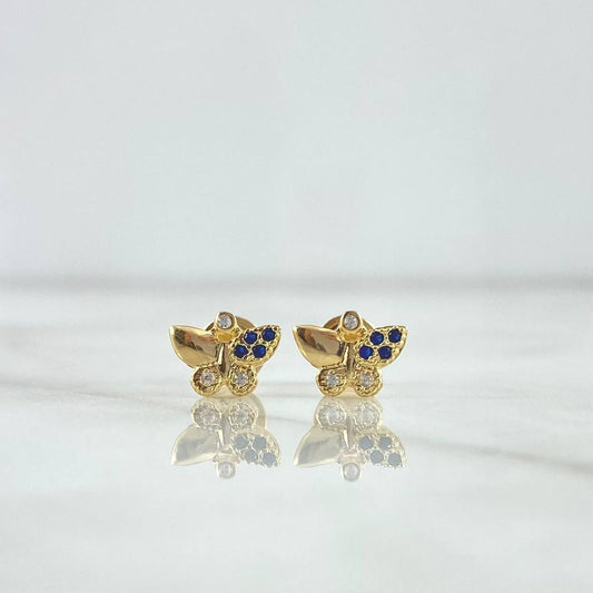 Stud Earrings Partial Butterfly 1.1gr / 6.5mm White and Blue Zircons Yellow Gold ©
