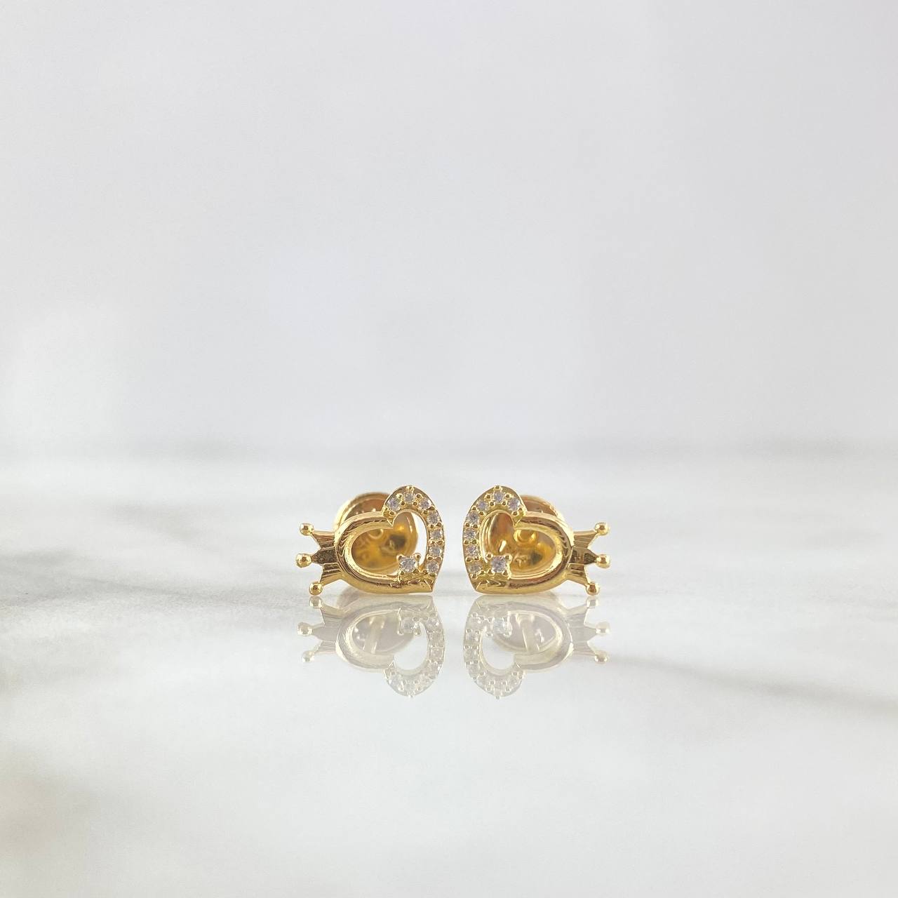 Stud Earrings Heart Crown 0.95gr / 7.5mm White Zirconia Yellow Gold ©