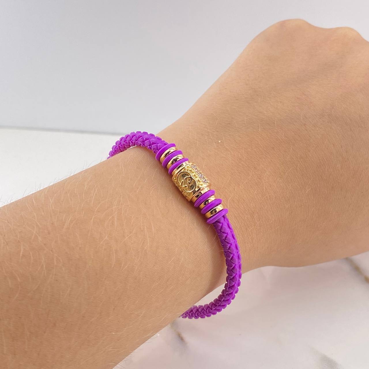 Bracelet GG 6.4gr / 17cm / Purple Rubber White Zircons Yellow Gold &