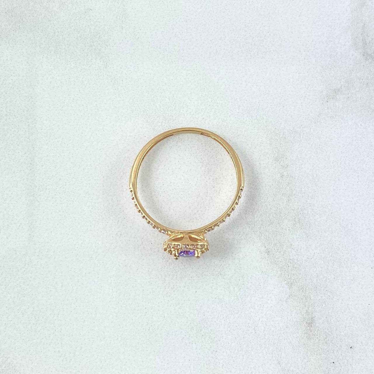 Ring Solitaire Dense Halo Mini 1.7gr / Size 7 / White and Lilac Zircons Yellow Gold