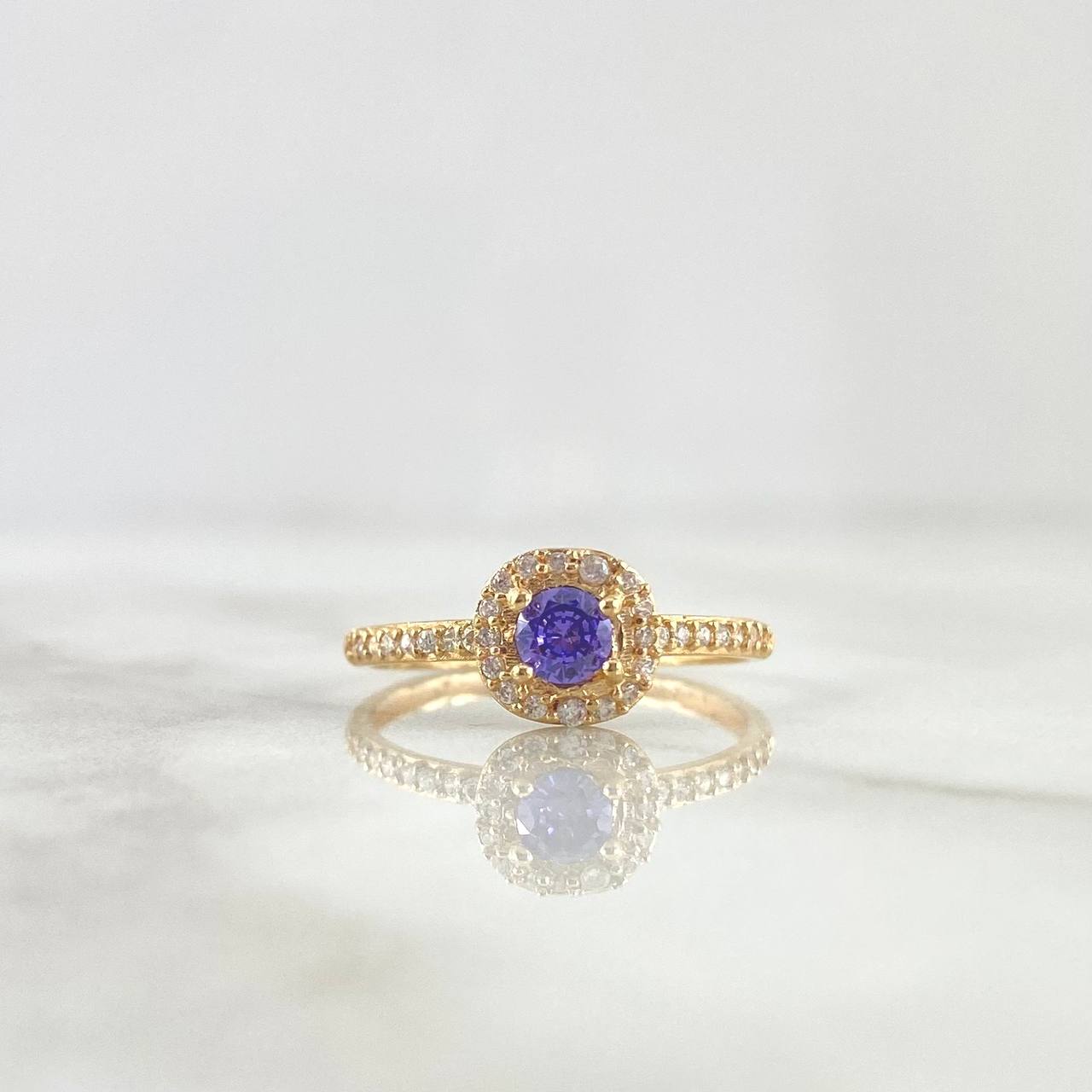 Ring Solitaire Dense Halo Mini 1.7gr / Size 7 / White and Lilac Zircons Yellow Gold