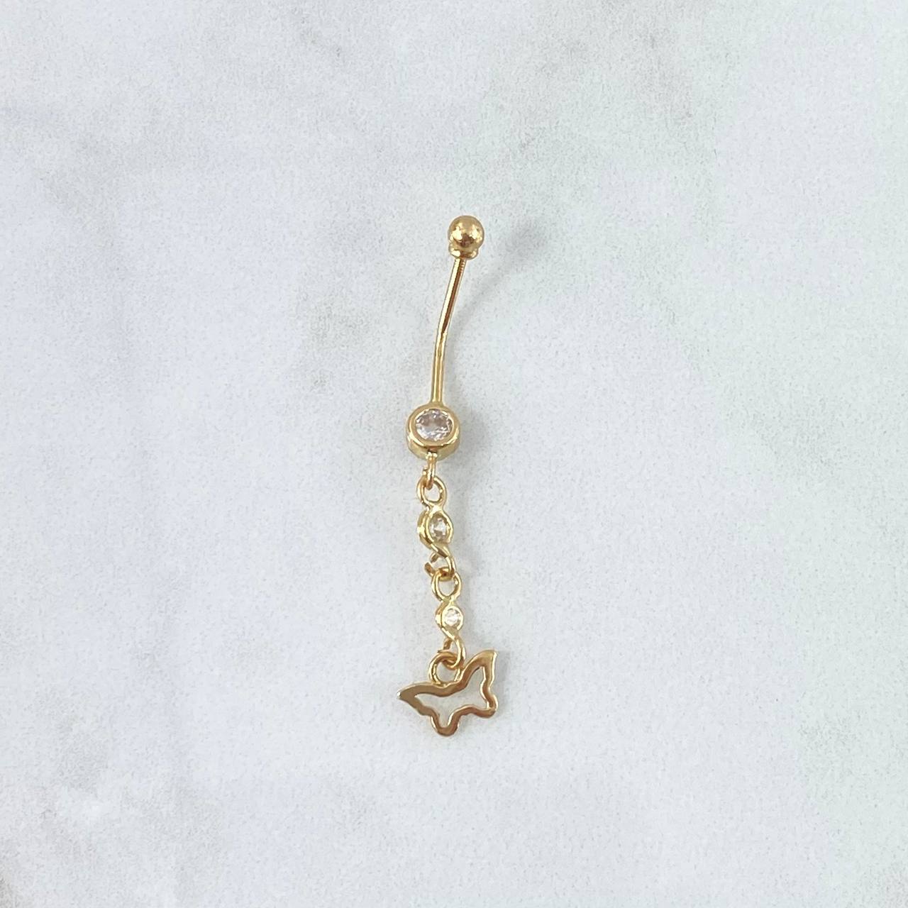 Piercing Ombligo Mariposa Silueta Colgante 0.9gr / 4cm / Circones Blancos Rosca Bola Oro Amarillo 18K (Joya) ©