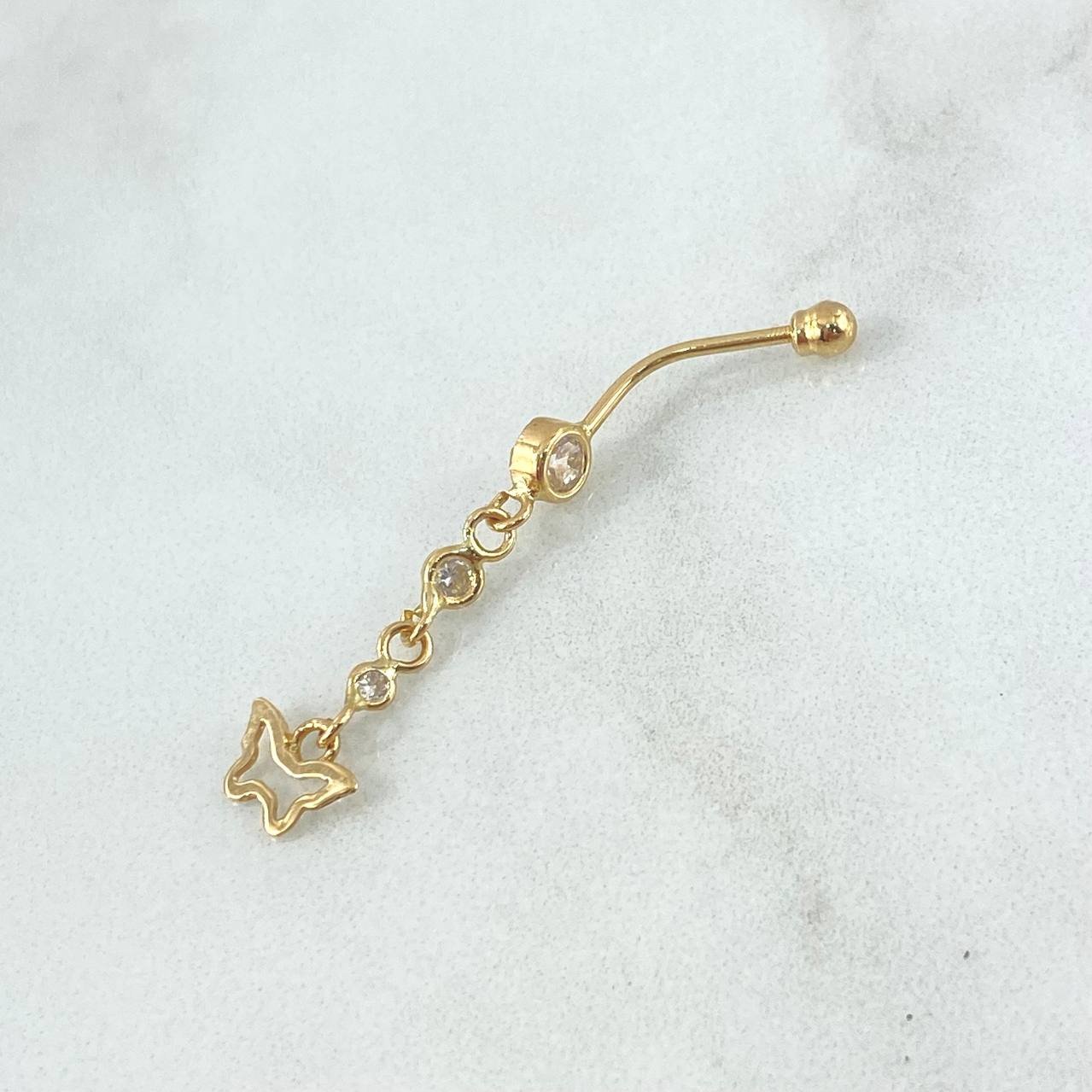Piercing Ombligo Mariposa Silueta Colgante 0.9gr / 4cm / Circones Blancos Rosca Bola Oro Amarillo 18K (Joya)