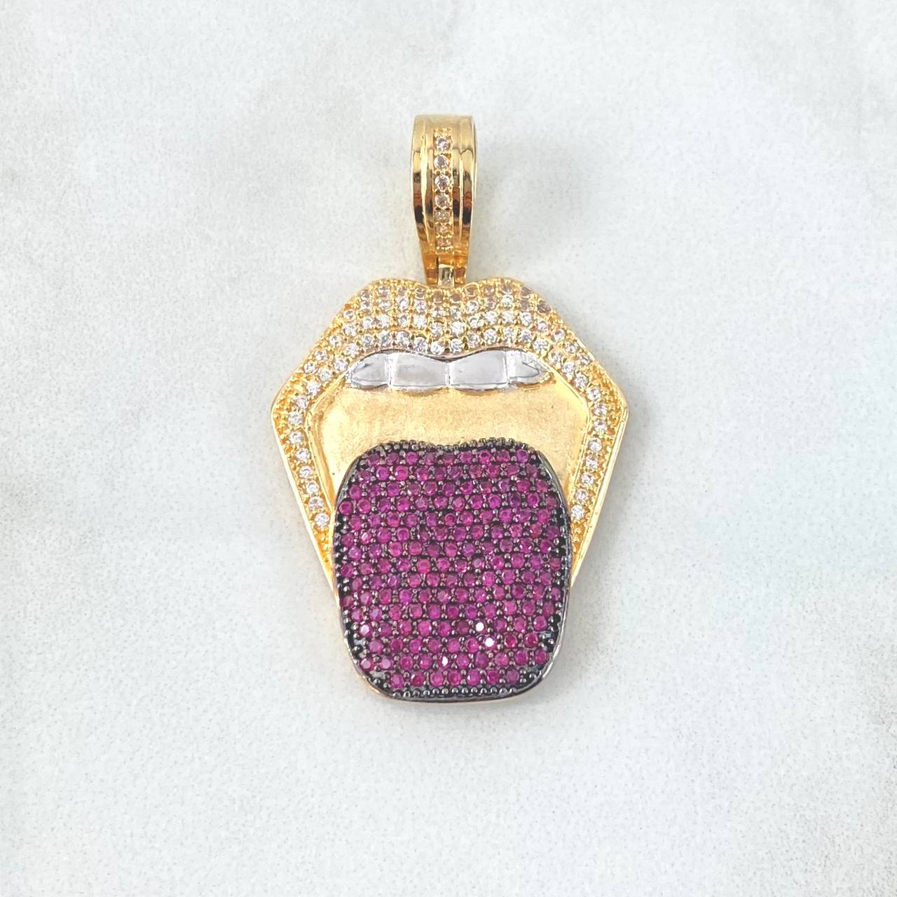 Pendant Tongue 7.9gr / 4cm / White Fuchsia Zircons Two Yellow White Golds