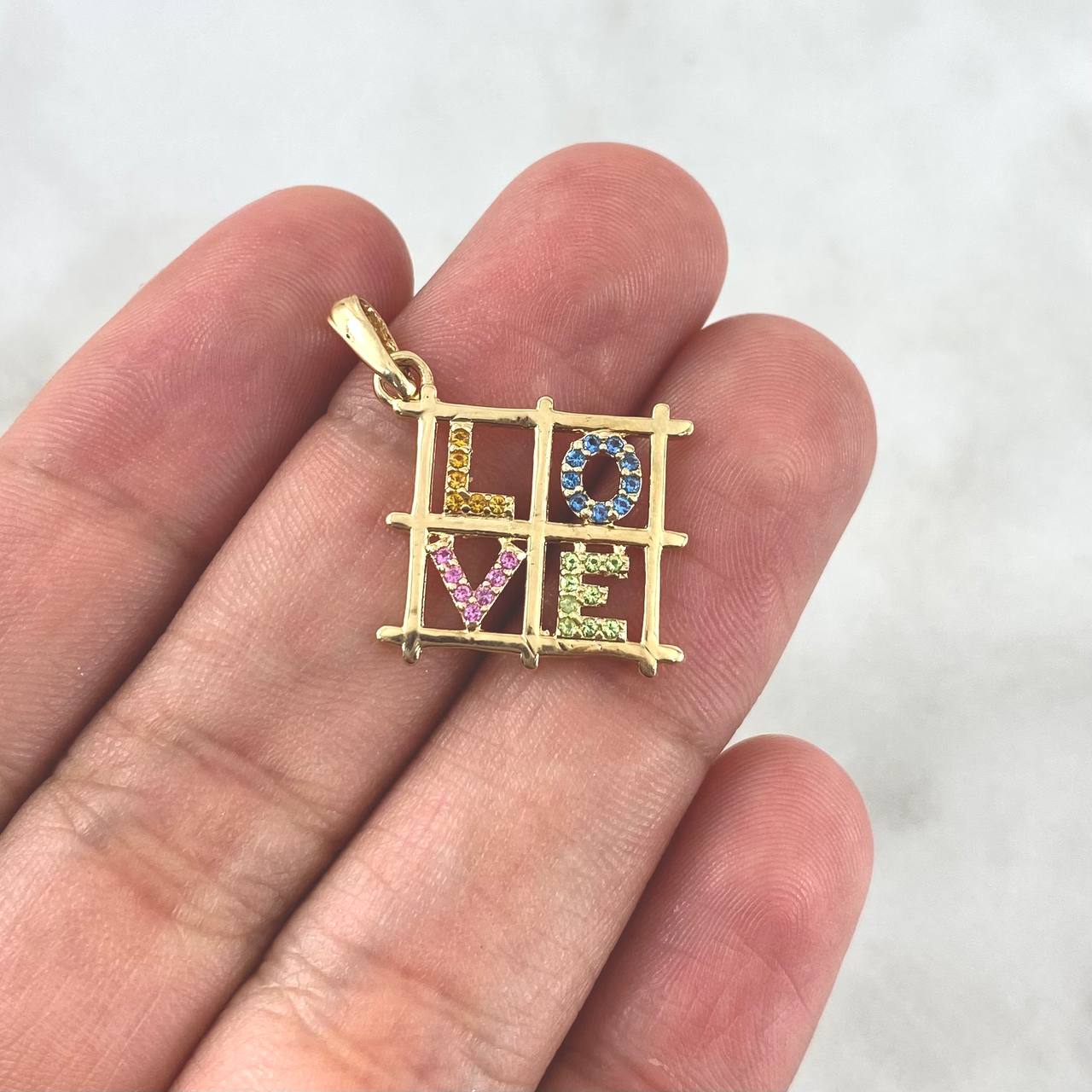Pendant LOVE Frame 1.8gr / 2cm / Pastel Multicolored Zircons Yellow Gold