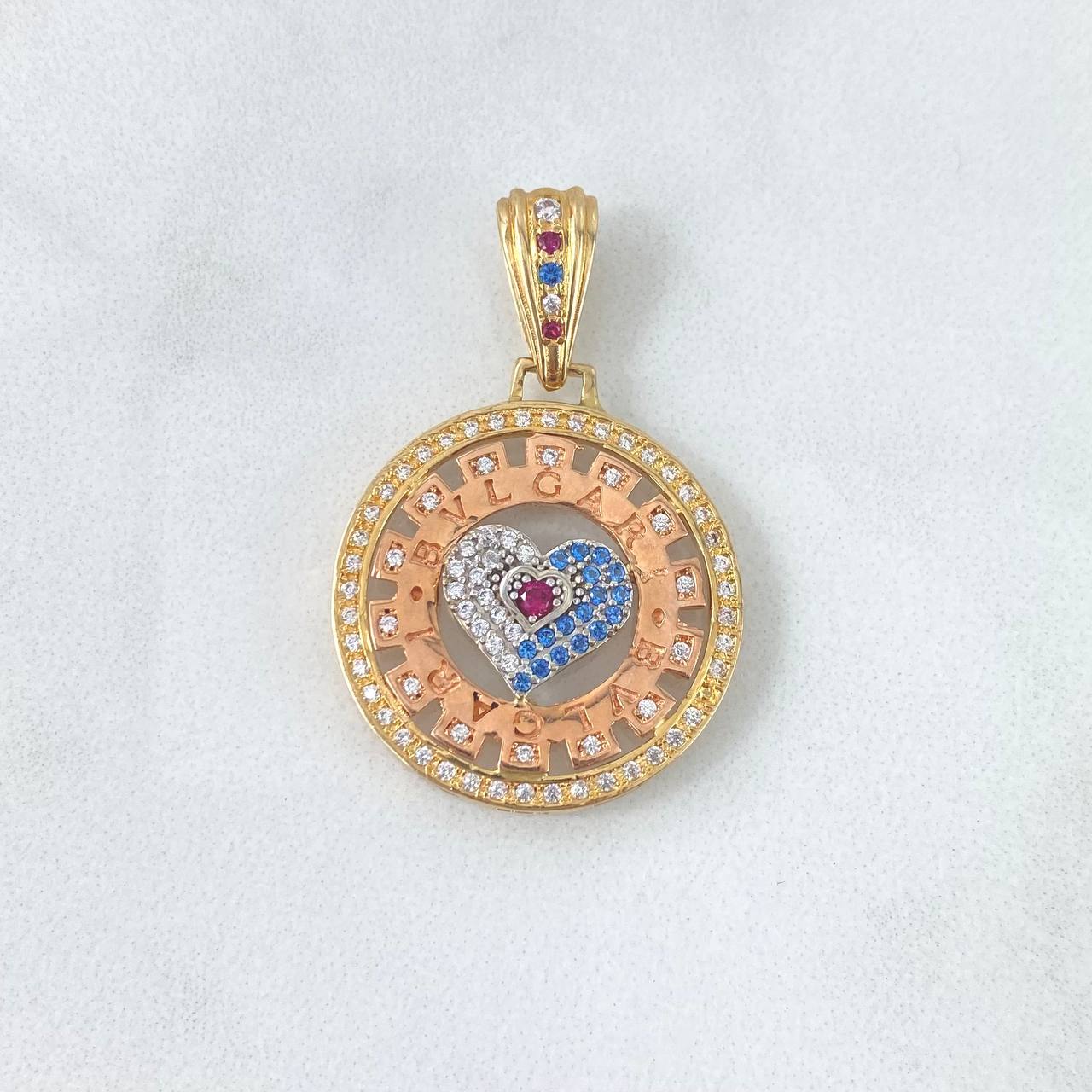 Pendant Rustic Gear Heart 6gr / 3.5cm / White Blue Fuchsia Zircons Three Golds