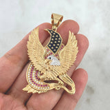 Pendant American Patriotic Eagle 30.8gr / 6.5cm / White and Fuchsia Zircons Two Yellows Gold White ©