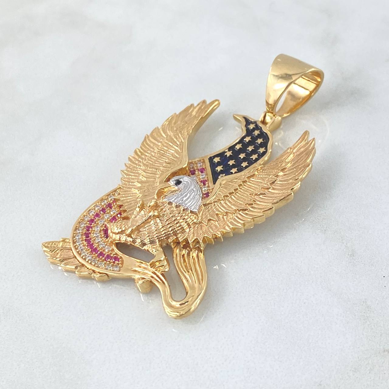 Pendant American Patriotic Eagle 30.8gr / 6.5cm / White and Fuchsia Zircons Two Yellows Gold White ©