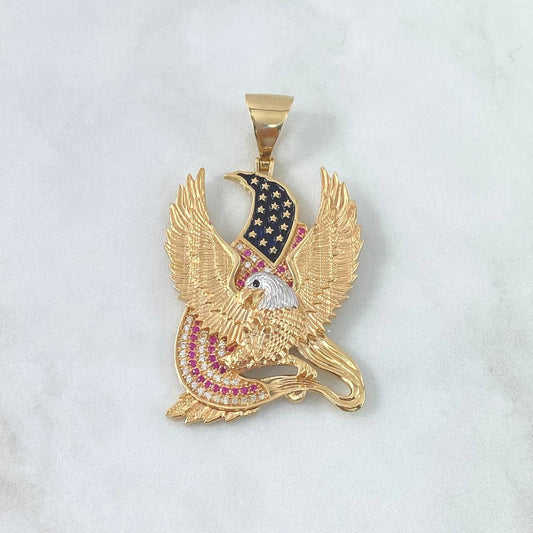 Pendant American Patriotic Eagle 30.8gr / 6.5cm / White and Fuchsia Zircons Two Yellows Gold White ©