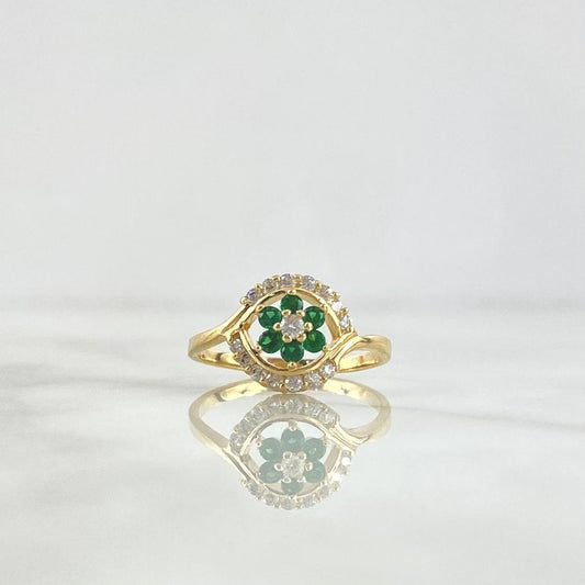 Flower Ring In Hoop 2.4gr / T6 1/4 / White and Green Zircons Yellow Gold