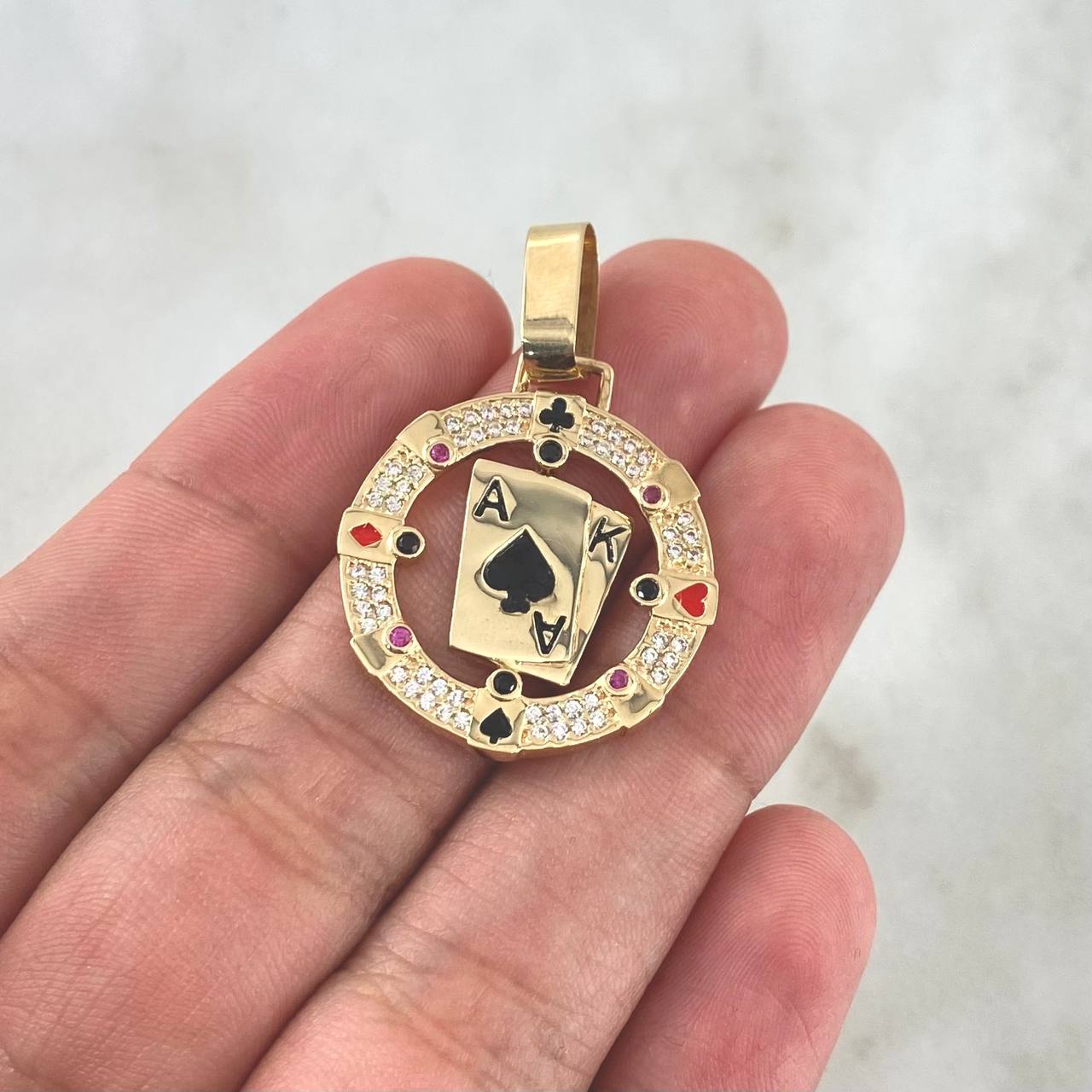 Pendant Poker Cards 6gr / 3.6cm / Ace of Spades and Heart - White Zircons Yellow Gold