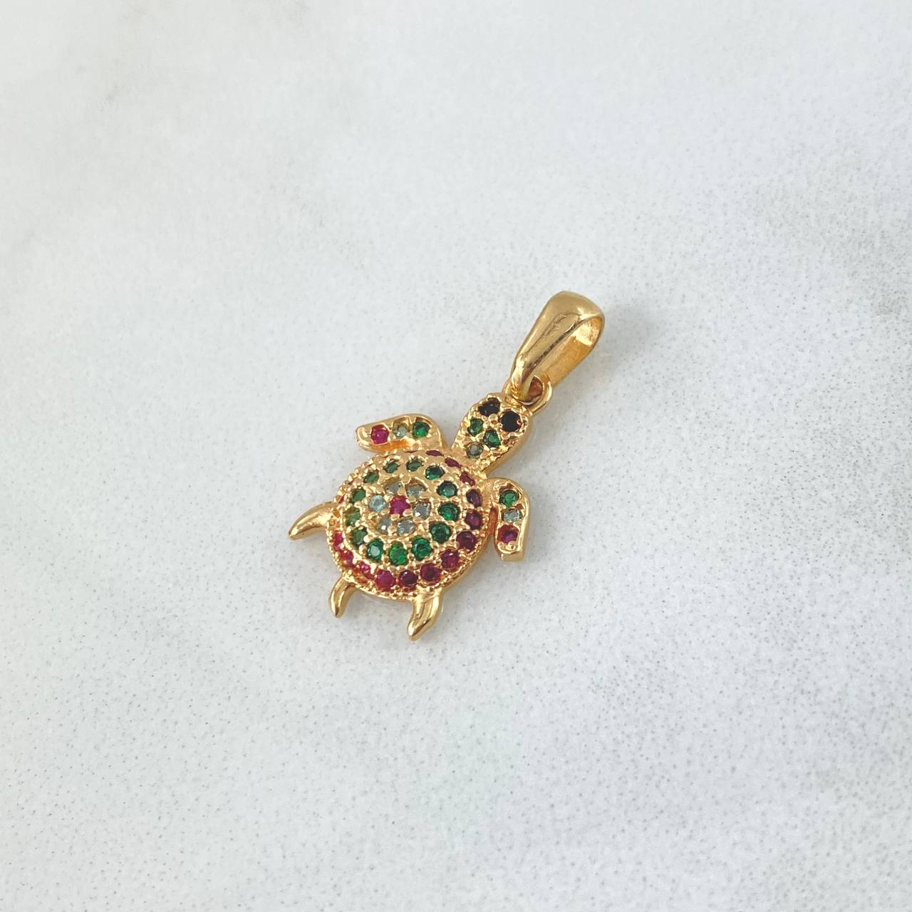 Pendant Turtle 1.6gr / 2.3cm / White, Fuchsia, and Green Zircons Yellow Gold