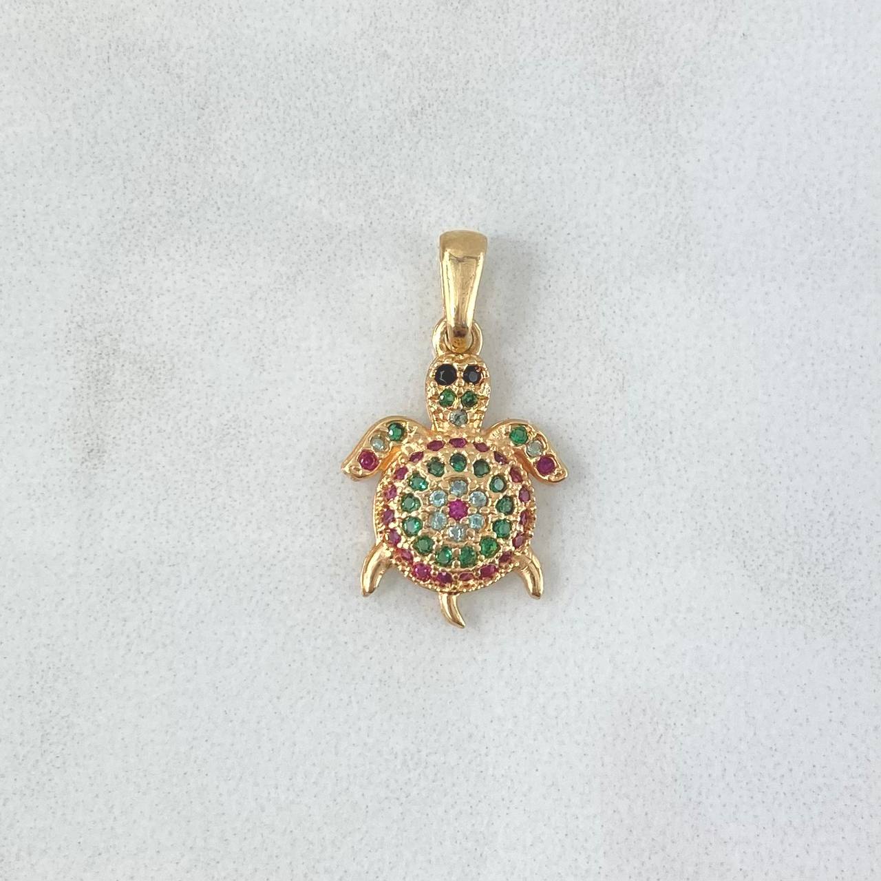 Pendant Turtle 1.6gr / 2.3cm / White, Fuchsia, and Green Zircons Yellow Gold