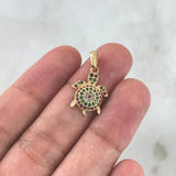 Pendant Turtle 1.6gr / 2.3cm / White, Fuchsia, and Green Zircons Yellow Gold