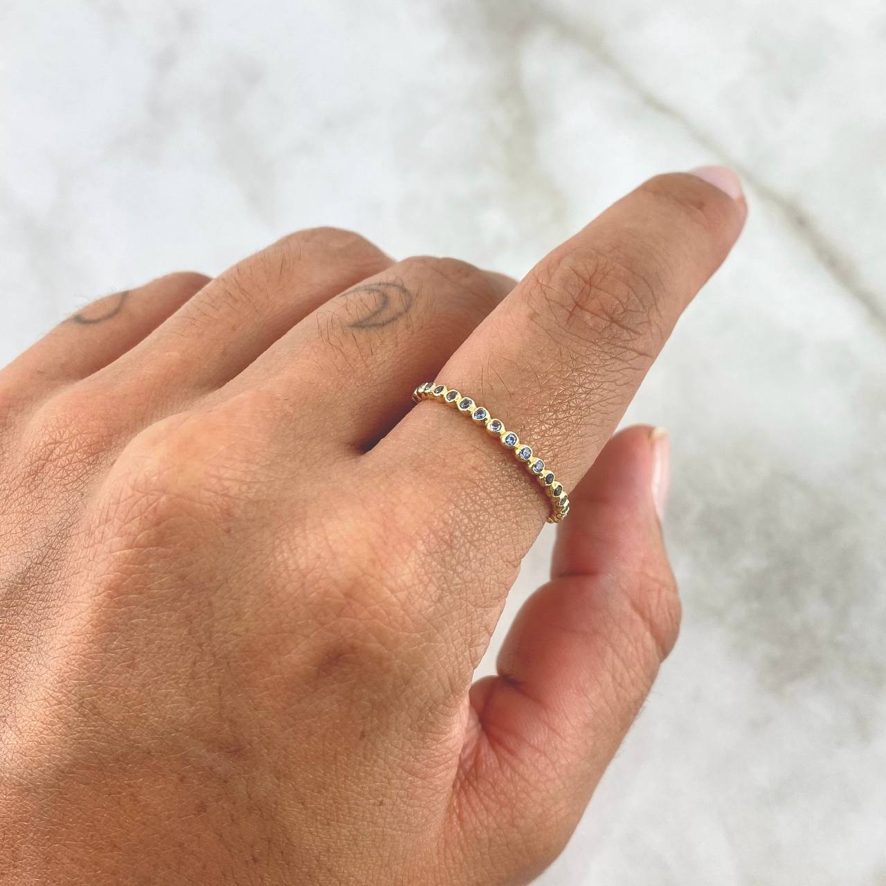 Bubble Ring 1.55gr / Size 7 1/2 / Light Blue Zircons Yellow Gold