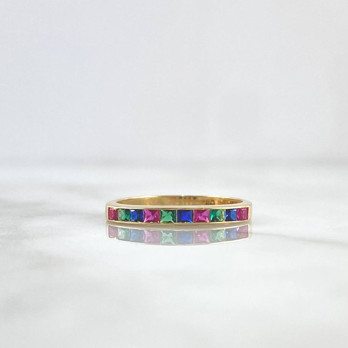 Thick Half Rail Ring 1.6gr / T7 / Green Blue Fuchsia Zircons Yellow Gold