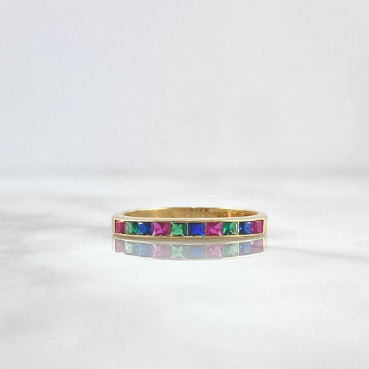 Thick Half Rail Ring 1.6gr / T7 / Green Blue Fuchsia Zircons Yellow Gold