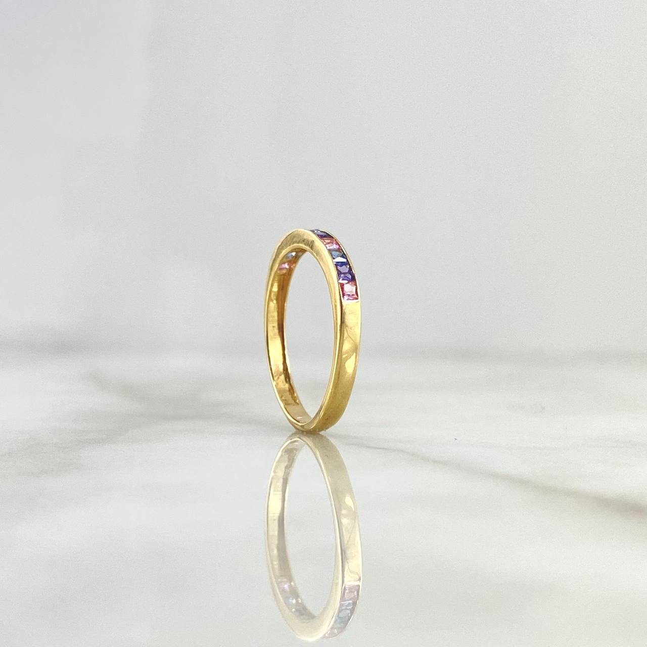Thick Half Channel Ring 1.6gr / Size 7 1/2 / Pink, Purple, Light Blue Zircons Yellow Gold