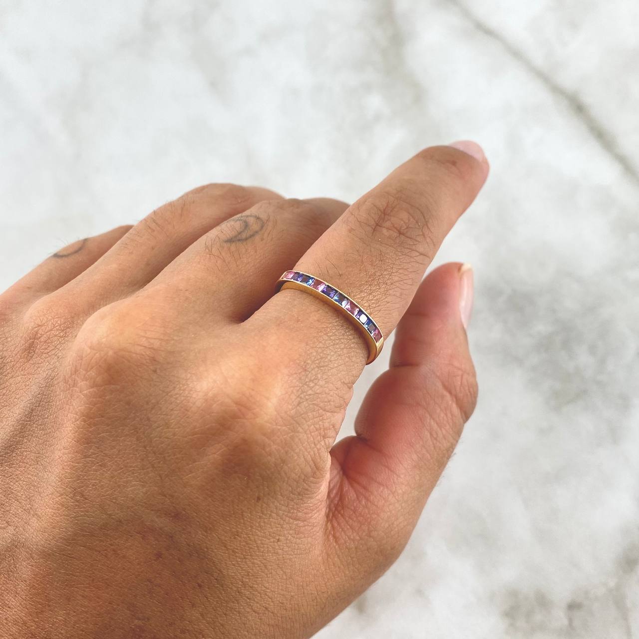 Thick Half Channel Ring 1.6gr / Size 7 1/2 / Pink, Purple, Light Blue Zircons Yellow Gold