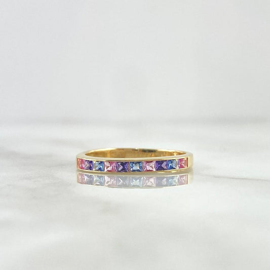 Thick Half Channel Ring 1.6gr / Size 7 1/2 / Pink, Purple, Light Blue Zircons Yellow Gold