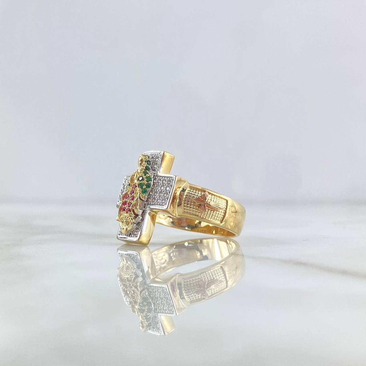Virgin Guadalupe Cross Ring 8.45gr / Size 11 / White - Green - Fuchsia Zircons Three Golds ©