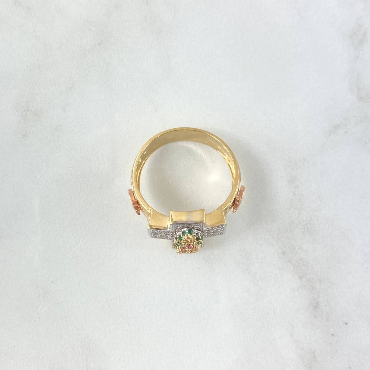 Virgin Guadalupe Cross Ring 8.45gr / Size 11 / White - Green - Fuchsia Zircons Three Golds ©