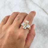 Virgin Guadalupe Cross Ring 8.45gr / Size 11 / White - Green - Fuchsia Zircons Three Golds ©
