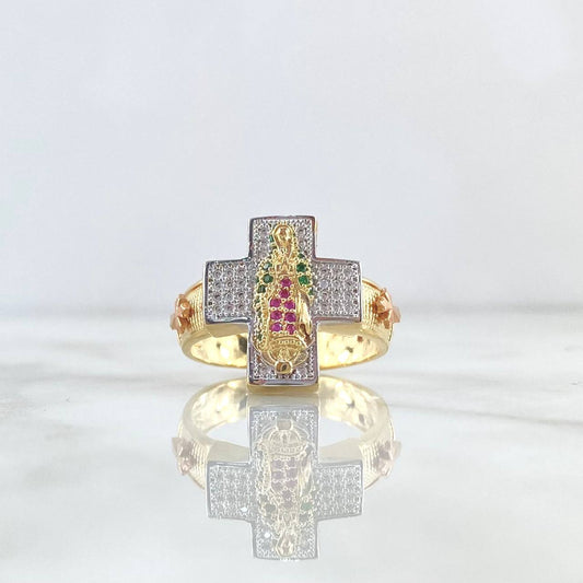 Virgin Guadalupe Cross Ring 8.45gr / Size 11 / White - Green - Fuchsia Zircons Three Golds ©
