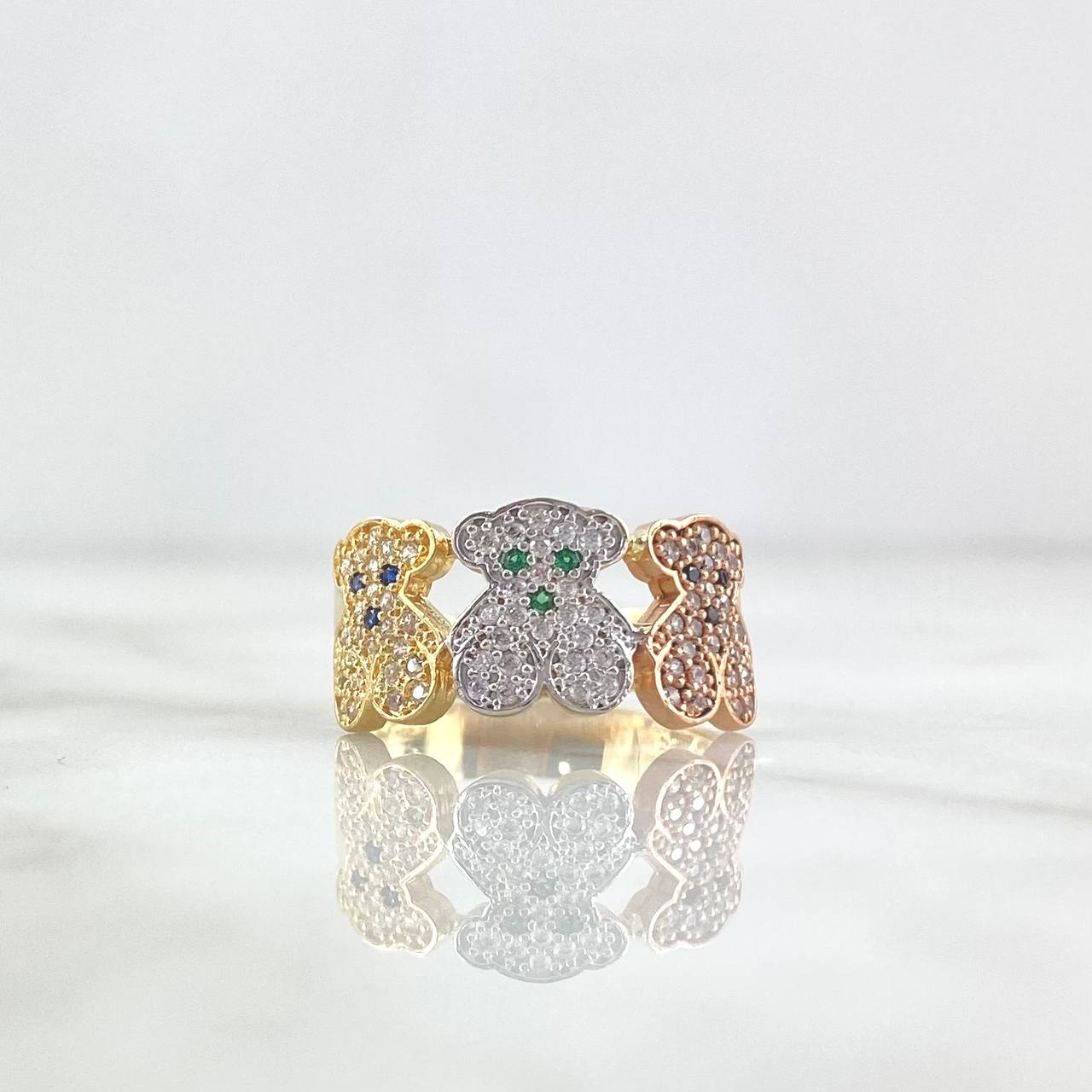 Trio Bears Ring TS 4.25gr / Size 8 3/4 / Blue, Green, Black, and White Zircons Three Golds