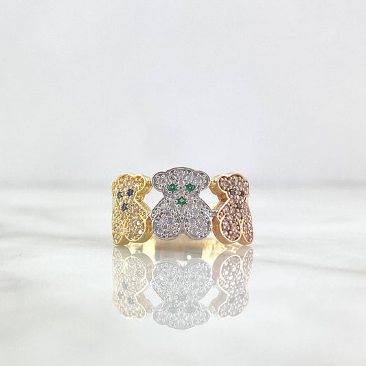 Trio Bears Ring TS 4.25gr / Size 8 3/4 / Blue, Green, Black, and White Zircons Three Golds