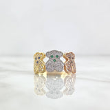 Trio Bears Ring TS 4.25gr / Size 8 3/4 / Blue, Green, Black, and White Zircons Three Golds