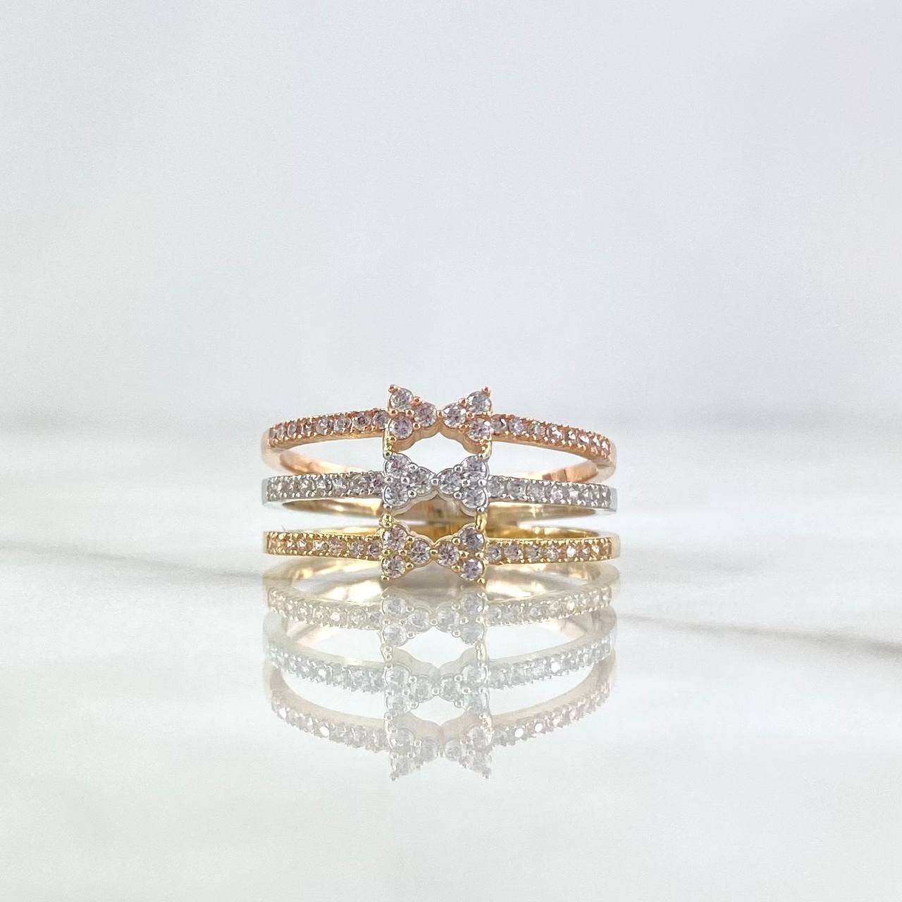 Trio Bow Ring 4.15gr / Size 6 1/2 / White Zircons 18K Yellow Gold
