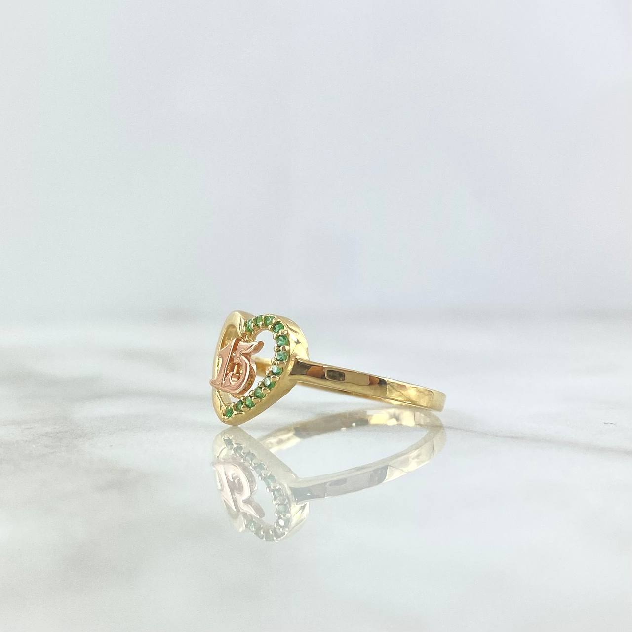 Quince Ring Heart 2.25gr / Size 7 / White and Green Zircons Two-tone Yellow and Rose Gold