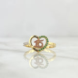 Quince Ring Heart 2.25gr / Size 7 / White and Green Zircons Two-tone Yellow and Rose Gold