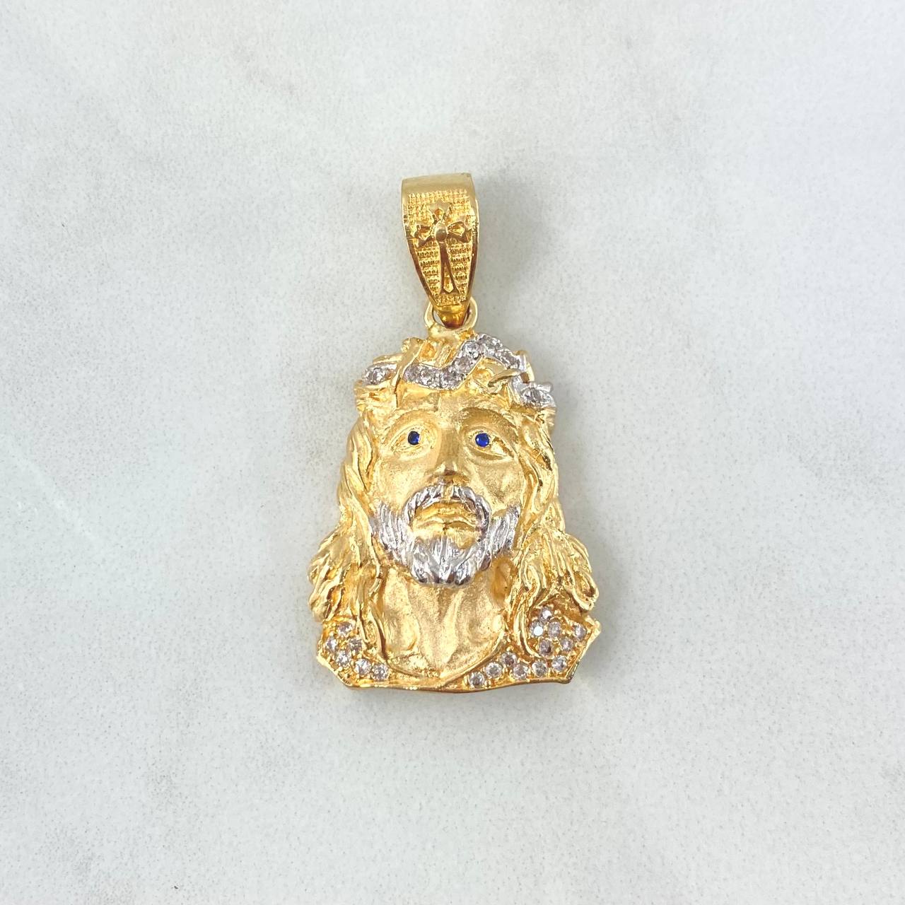 Pendant Face Jesus 10gr / 4cm / White Zircons Blue Eyes Two Golds Yellow White