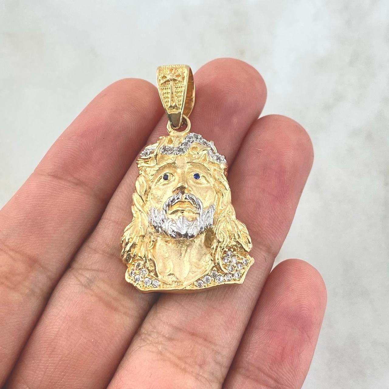 Pendant Face Jesus 10gr / 4cm / White Zircons Blue Eyes Two Golds Yellow White
