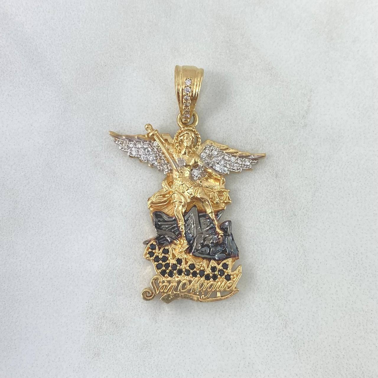 Pendant San Miguel Archangel 7.4gr / 4cm / White and Black Zircons Yellow Gold
