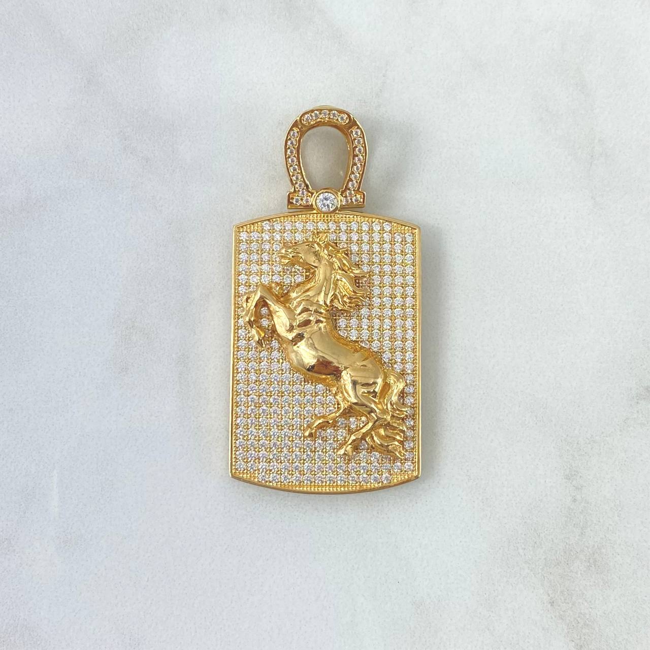Pendant Horse Plate 19.5gr / 5.2cm / White Zircons - Yellow Gold Horseshoe Charger ©