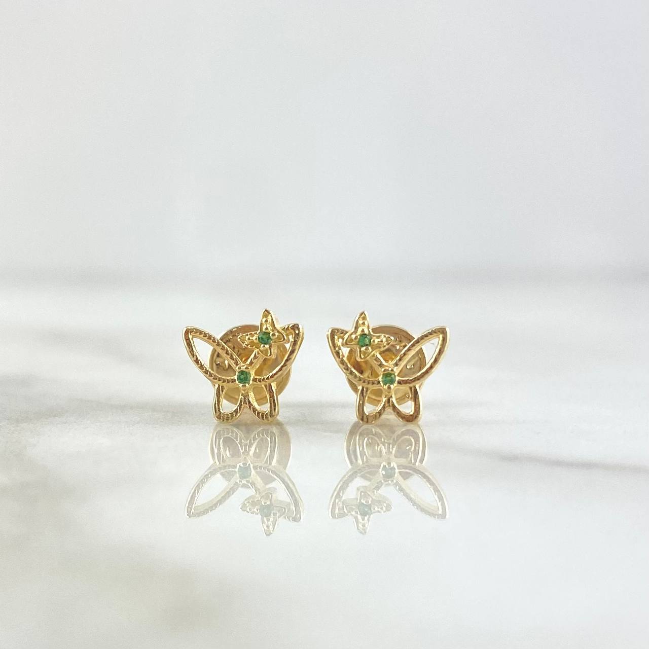Stud Earrings Butterfly Silhouette Dotted 0.8gr / 7mm Green Zircons Yellow Gold