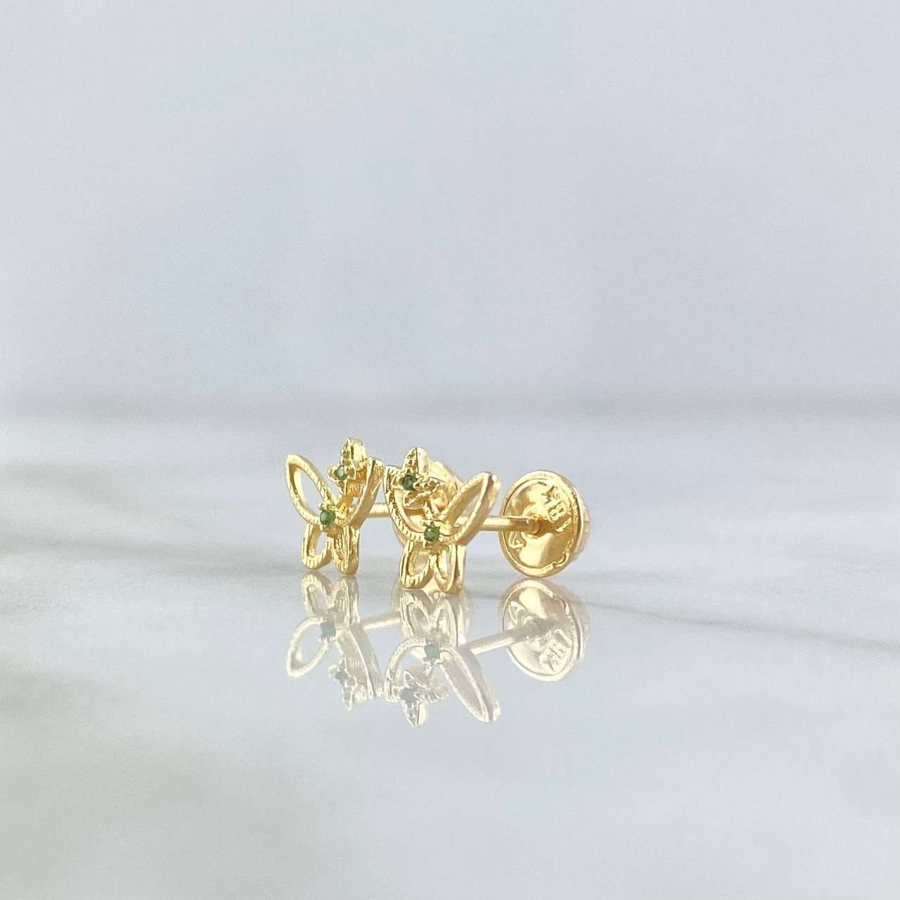 Stud Earrings Butterfly Silhouette Dotted 0.8gr / 7mm Green Zircons Yellow Gold